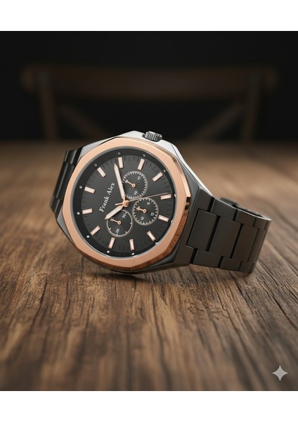 Erkek Kol Saati Bakır ve Gümüş Renk, Siyah Kadran - Şık Metal Kordon, 2 Yıl Garantili fiyatları