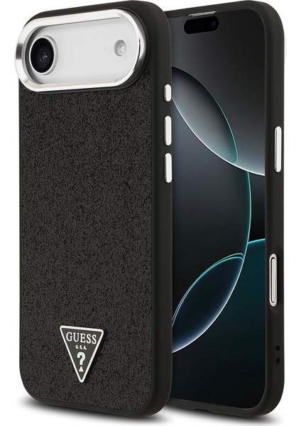 iPhone 17 Air Uyumlu Kılıf Guess Lisanslı M-Safeli Metal Kamera Çerçeveli Üçgen Logolu Glitter Siyah