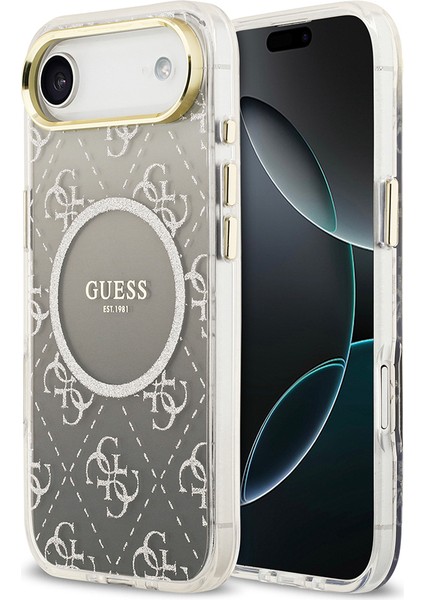 iPhone 17 Air Uyumlu Kılıf Guess Lisanslı M-Safe Şarj Özellikli 4g Desenli Simli Silikon Kapak Gri