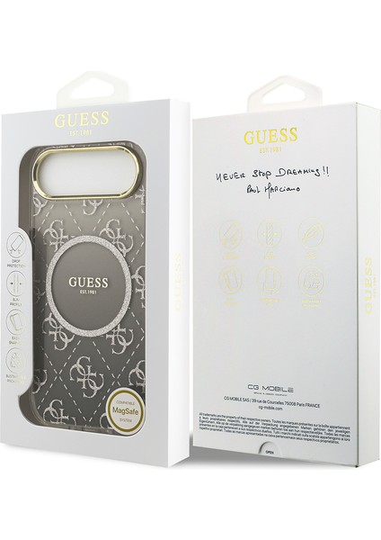 iPhone 17 Air Uyumlu Kılıf Guess Lisanslı M-Safe Şarj Özellikli 4g Desenli Simli Silikon Kapak Gri