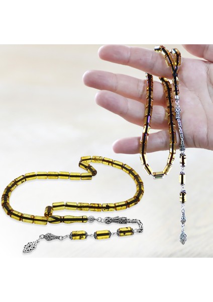 925 Ayar Gümüş Kral Püsküllü Kesme Kesim Hafif Fosilli Ihlamur Sarı Doğal Damla Kehribar Tesbih fiyatları