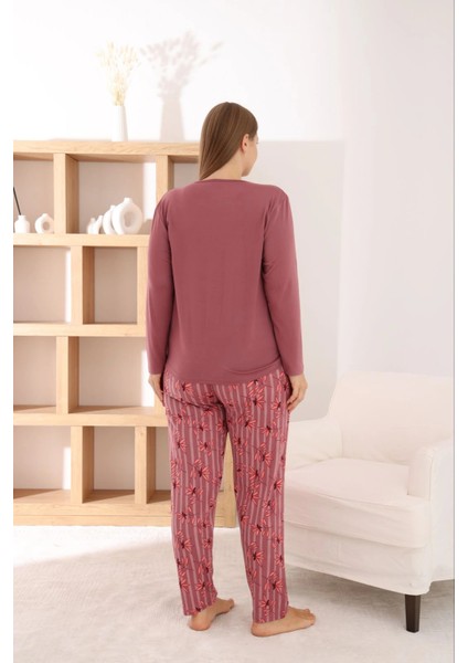 Kadın Büyük Beden Milan Kumaş Bisiklet Yaka Gül Kurusu Pijama Takımı modelleri