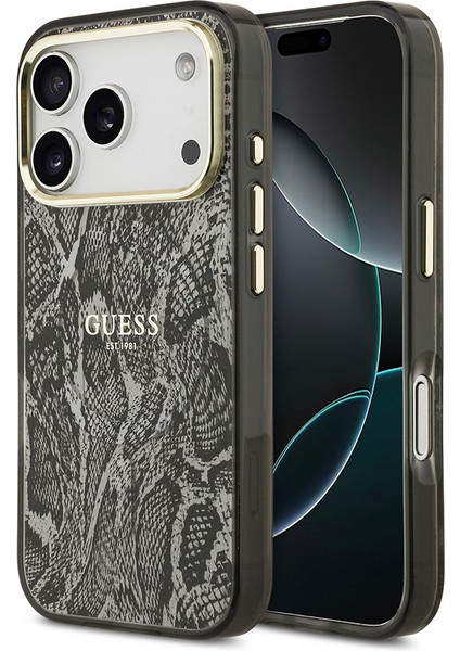 iPhone 17 Pro Uyumlu Kılıf Guess Lisanslı M-Safe Özellikli Yazı Logolu Python Desenli Kapak Siyah