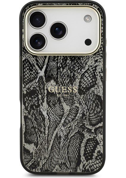 iPhone 17 Pro Uyumlu Kılıf Guess Lisanslı M-Safe Özellikli Yazı Logolu Python Desenli Kapak Siyah modelleri