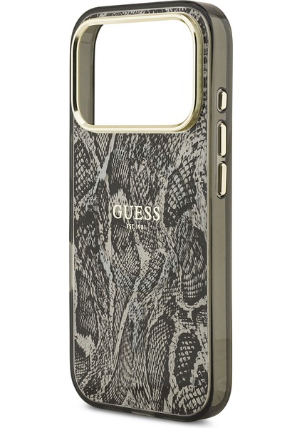 iPhone 17 Pro Uyumlu Kılıf Guess Lisanslı M-Safe Özellikli Yazı Logolu Python Desenli Kapak Siyah