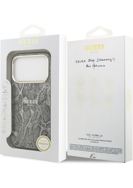 iPhone 17 Pro Uyumlu Kılıf Guess Lisanslı M-Safe Özellikli Yazı Logolu Python Desenli Kapak Siyah