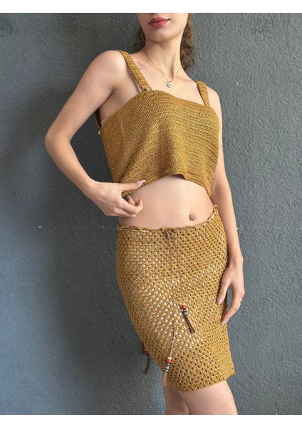 El Örgüsü Parlak Bronz Etek Büstiyer Takım