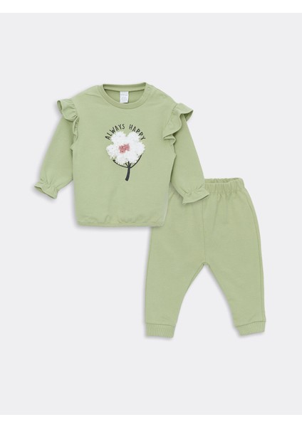 Yeni Sezon Bisiklet Yaka Uzun Kollu Baskılı Kız Bebek Sweatshirt ve Eşofman Alt 2'li Takım