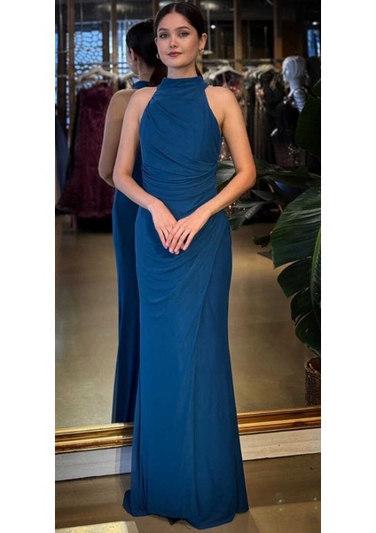 Petrol Renk Halter Yaka Yırtmaçlı Düz Kesim Likralı Tül Uzun Abiye Elbise 11084-12