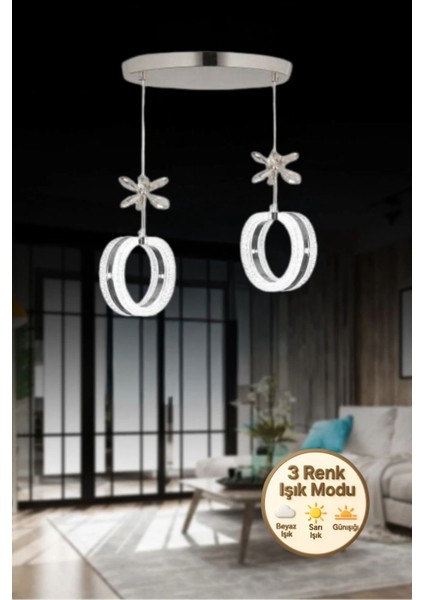 Aurea Model 2’li Kristal Taşlı Gümüş 3 Renk Modu Ledli Salon Mutfak Oturma Odası Sarkıt LED Avize