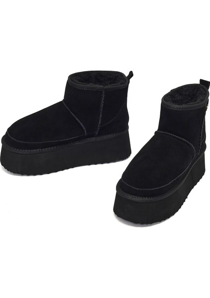 Kadın Siyah Kalın Tabanlı Süet Deri Teddy Bot 25WFD492810 modelleri