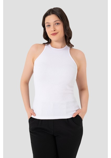 Kadın Pamuklu Fitilli Görünümlü Halter Yaka Basic Beyaz Atlet