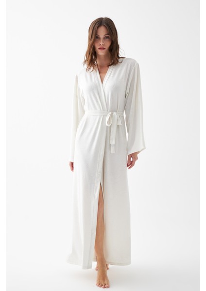 Kadın Uzun Ekru Penye Sabahlık