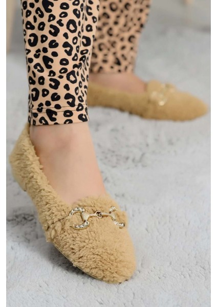 Kadın Gold Tokalı Kışlık Babet Ev ve Dış Mekan Ayakkabısı - Vizon - 38