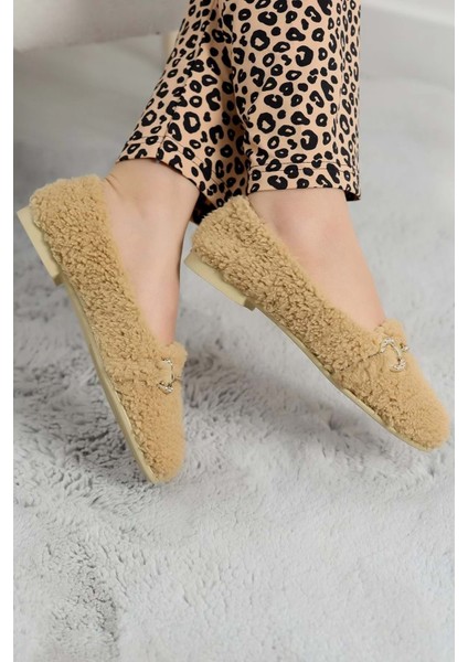 Kadın Gold Tokalı Kışlık Babet Ev ve Dış Mekan Ayakkabısı - Vizon - 38 fiyatları