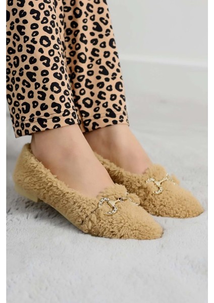 Kadın Gold Tokalı Kışlık Babet Ev ve Dış Mekan Ayakkabısı - Vizon - 38 modelleri