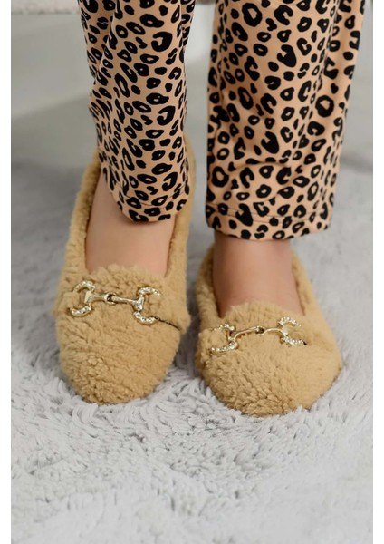 Kadın Gold Tokalı Kışlık Babet Ev ve Dış Mekan Ayakkabısı - Vizon - 38 indirimleri