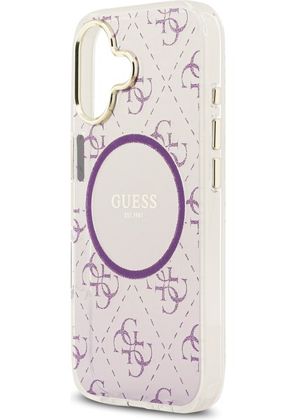 iPhone 17 Uyumlu Kılıf Guess Orjinal Lisanslı M-Safe Özellikli 4g Desenli Simli Silikon Kapak Mor