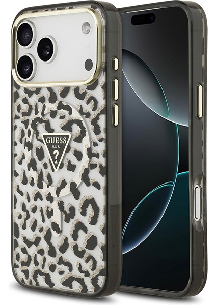 iPhone 17 Pro Max Uyumlu Kılıf Guess Lisanslı M-Safeli Üçgen Logolu Simli Leopar Desenli Kapak Siyah