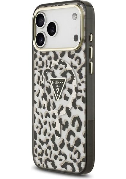 iPhone 17 Pro Max Uyumlu Kılıf Guess Lisanslı M-Safeli Üçgen Logolu Simli Leopar Desenli Kapak Siyah fiyatları