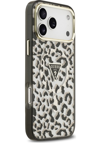 iPhone 17 Pro Max Uyumlu Kılıf Guess Lisanslı M-Safeli Üçgen Logolu Simli Leopar Desenli Kapak Siyah modelleri