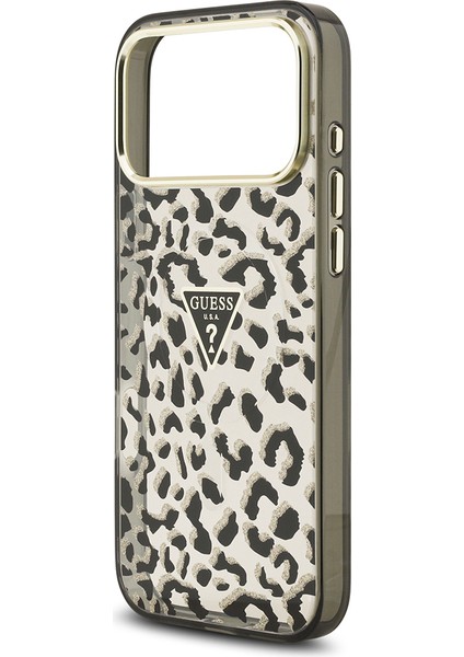 iPhone 17 Pro Max Uyumlu Kılıf Guess Lisanslı M-Safeli Üçgen Logolu Simli Leopar Desenli Kapak Siyah indirimleri