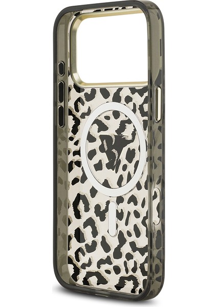 iPhone 17 Pro Max Uyumlu Kılıf Guess Lisanslı M-Safeli Üçgen Logolu Simli Leopar Desenli Kapak Siyah