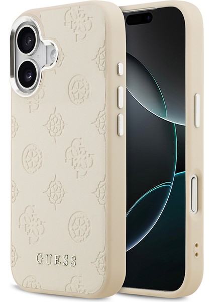 iPhone 17 Uyumlu Kılıf Guess Lisanslı M-Safeli Sıcak Baskılı Klasik Yazı Logolu Pu Deri Peony Bej