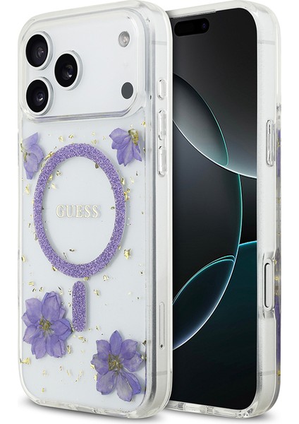iPhone 17 Pro Max Uyumlu Kılıf Guess Lisanslı M-Safe Özellikli Transparan Resin Flowers Kapak Mor