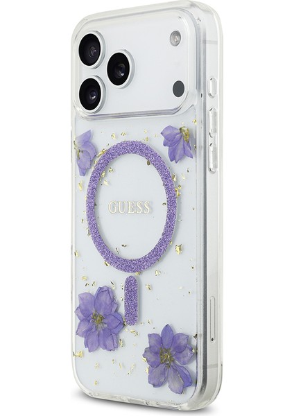 iPhone 17 Pro Max Uyumlu Kılıf Guess Lisanslı M-Safe Özellikli Transparan Resin Flowers Kapak Mor fiyatları