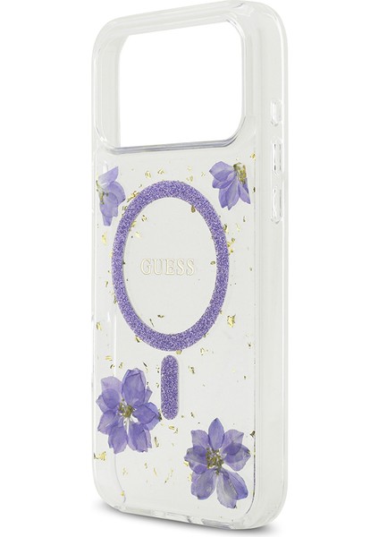 iPhone 17 Pro Max Uyumlu Kılıf Guess Lisanslı M-Safe Özellikli Transparan Resin Flowers Kapak Mor