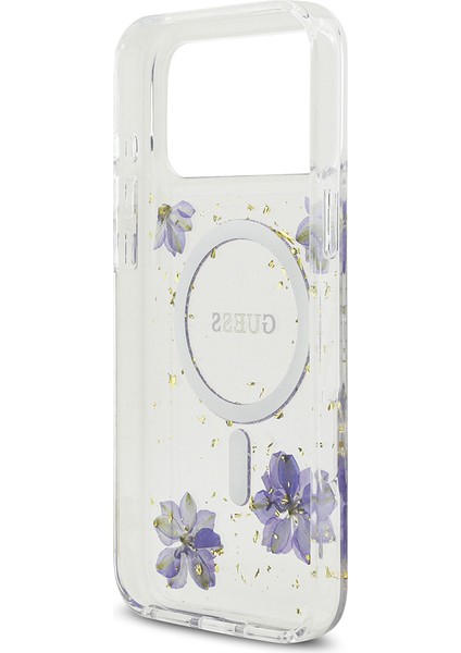 iPhone 17 Pro Max Uyumlu Kılıf Guess Lisanslı M-Safe Özellikli Transparan Resin Flowers Kapak Mor