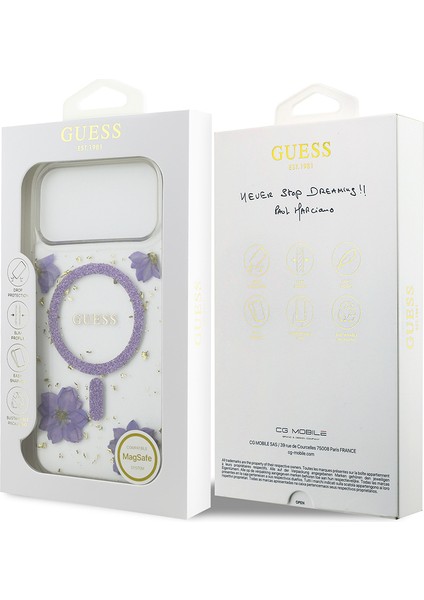 iPhone 17 Pro Max Uyumlu Kılıf Guess Lisanslı M-Safe Özellikli Transparan Resin Flowers Kapak Mor