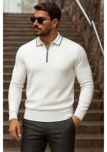 Erkek Trend Fermuarlı Uzun Kollu Beyaz Polo Yaka Kazak