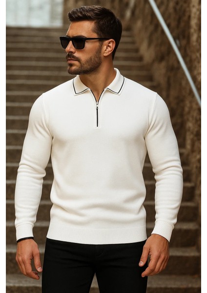Erkek Trend Fermuarlı Uzun Kollu Beyaz Polo Yaka Kazak fiyatları