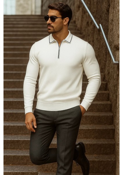 Erkek Trend Fermuarlı Uzun Kollu Beyaz Polo Yaka Kazak modelleri