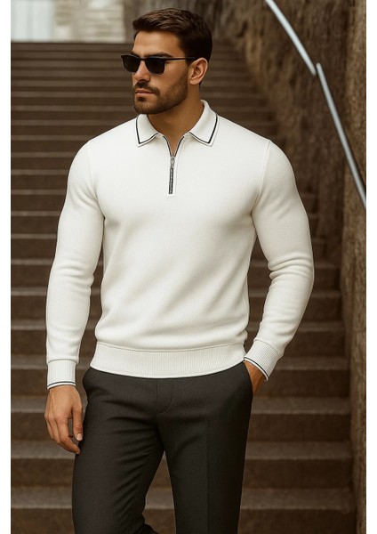 Erkek Trend Fermuarlı Uzun Kollu Beyaz Polo Yaka Kazak fırsatları