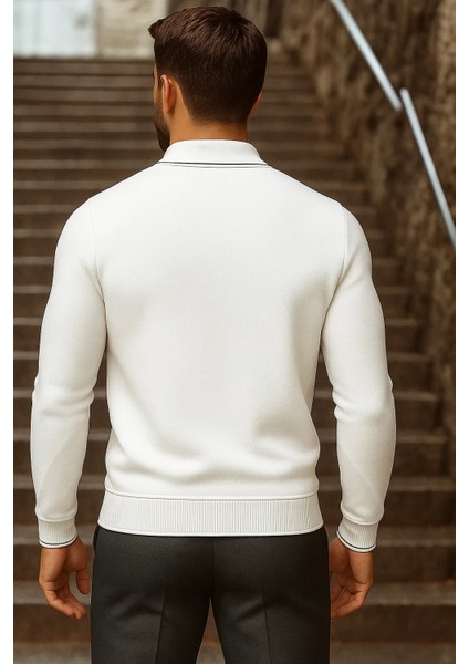 Erkek Trend Fermuarlı Uzun Kollu Beyaz Polo Yaka Kazak indirimleri