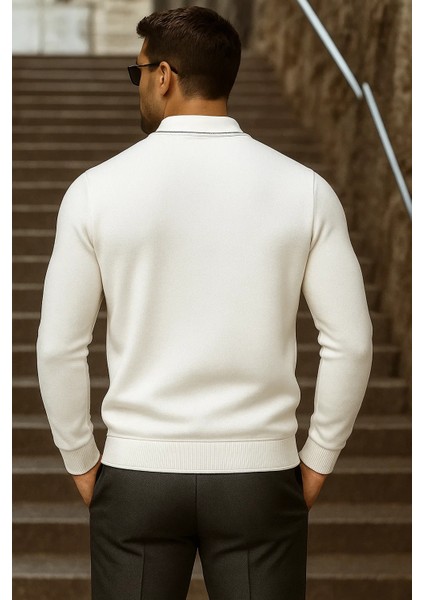 Erkek Trend Fermuarlı Uzun Kollu Beyaz Polo Yaka Kazak