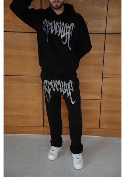 Erkek Premium Taş Baskılı Eşofman Takım Revenge Model (Siyah) Kapüşonlu Üst + Taşlı Baskılı Alt Modern Streetwear Tarzı Oversize Rahat Kalıp 3 Iplik Pamuklu - Siyah fiyatları