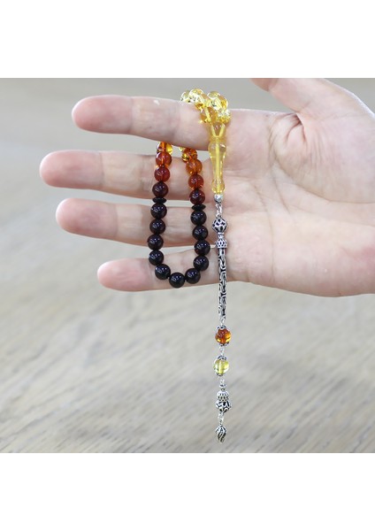 Damla Kehribar Tesbih - 925 Ayar Gümüş Kral Zincirli - Süzme Sarı Kırmızı Renk - Küre Kesim modelleri