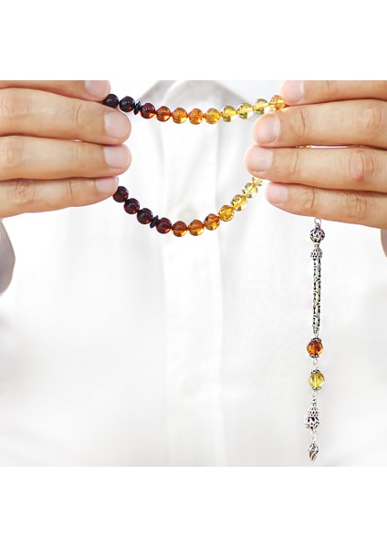 Damla Kehribar Tesbih - 925 Ayar Gümüş Kral Zincirli - Süzme Sarı Kırmızı Renk - Küre Kesim fırsatları