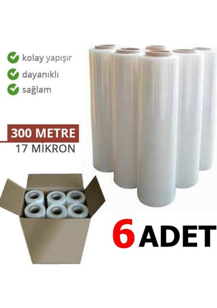 (6'lı) 17 Micron 50 cm x 300 Metre Streç Film 6 Adet Paketleme Sarma