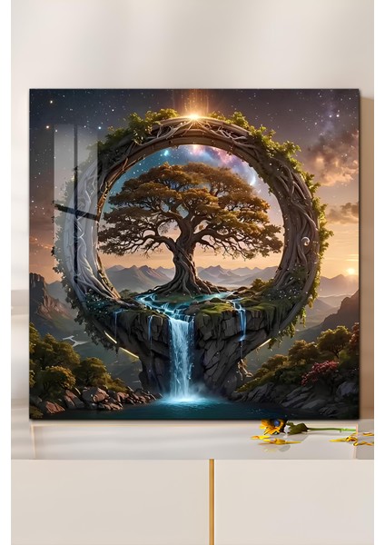 3D Görünümlü Temperli Cam Tablo – Sonsuzluk Çemberi ve Yaşam Ağacı Şelale Uv Baskı 33X33 CM-CTK064