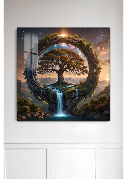 3D Görünümlü Temperli Cam Tablo – Sonsuzluk Çemberi ve Yaşam Ağacı Şelale Uv Baskı 33X33 CM-CTK064 fiyatları