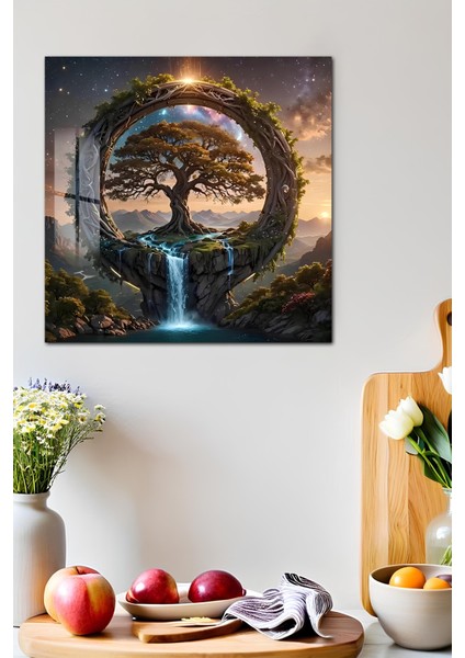 3D Görünümlü Temperli Cam Tablo – Sonsuzluk Çemberi ve Yaşam Ağacı Şelale Uv Baskı 33X33 CM-CTK064 fırsatları
