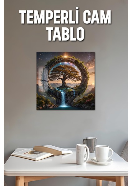 3D Görünümlü Temperli Cam Tablo – Sonsuzluk Çemberi ve Yaşam Ağacı Şelale Uv Baskı 33X33 CM-CTK064