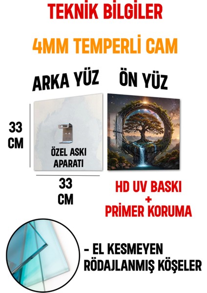 3D Görünümlü Temperli Cam Tablo – Sonsuzluk Çemberi ve Yaşam Ağacı Şelale Uv Baskı 33X33 CM-CTK064