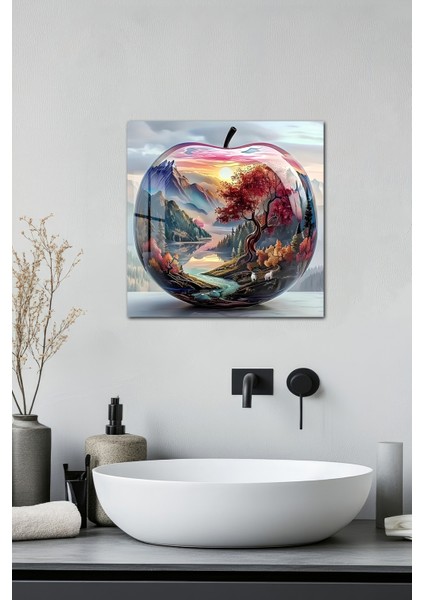 3D Görünümlü Temperli Cam Tablo – Dağ ve Nehir Manzaralı Elma Temalı Uv Baskı 33X33 CM-CKT022