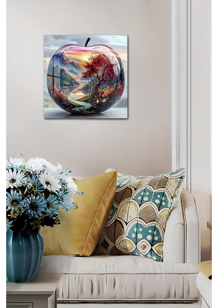 3D Görünümlü Temperli Cam Tablo – Dağ ve Nehir Manzaralı Elma Temalı Uv Baskı 33X33 CM-CKT022 fiyatları